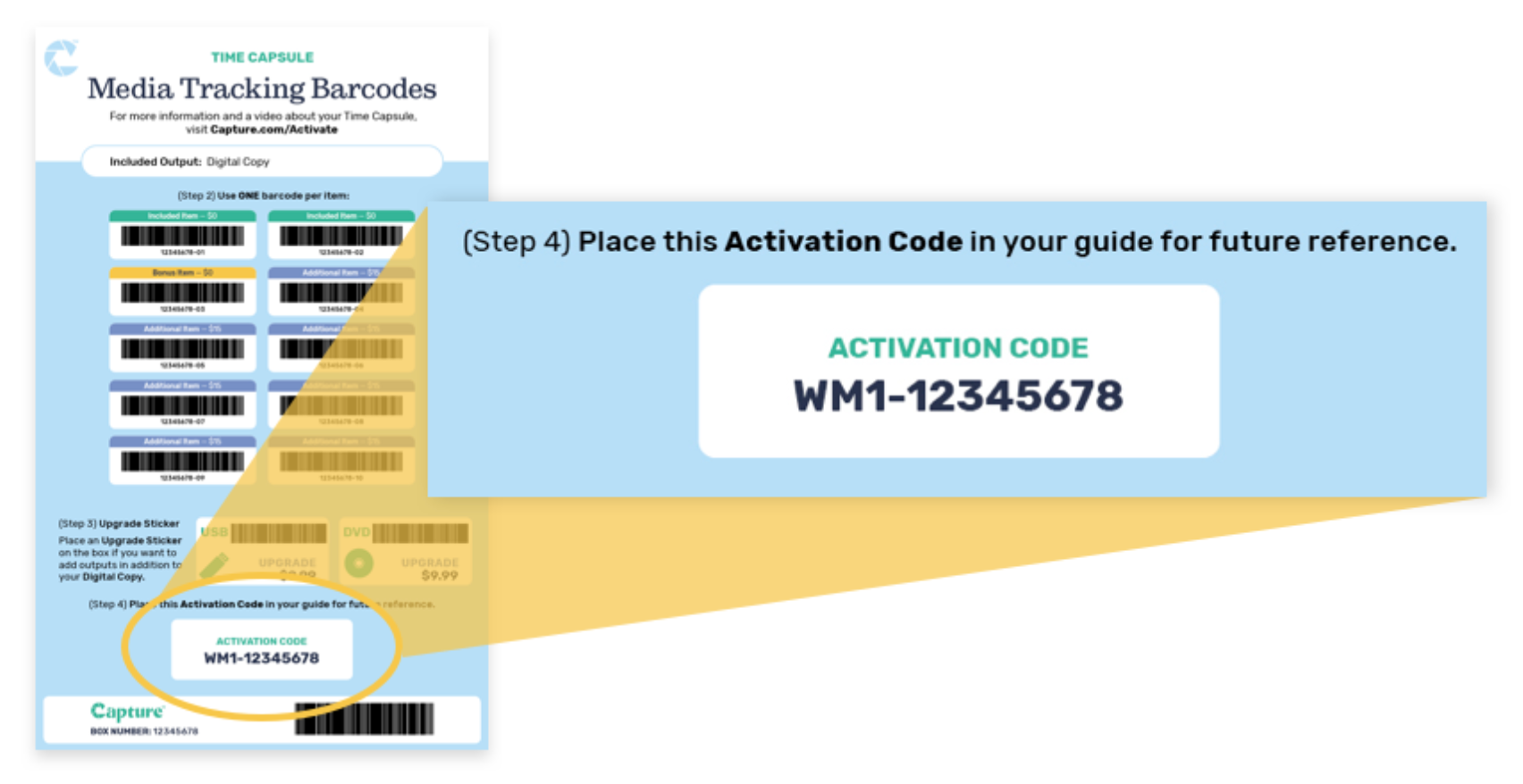 Image showing activation code at the bottom of the Media Tracking Barcode sheet